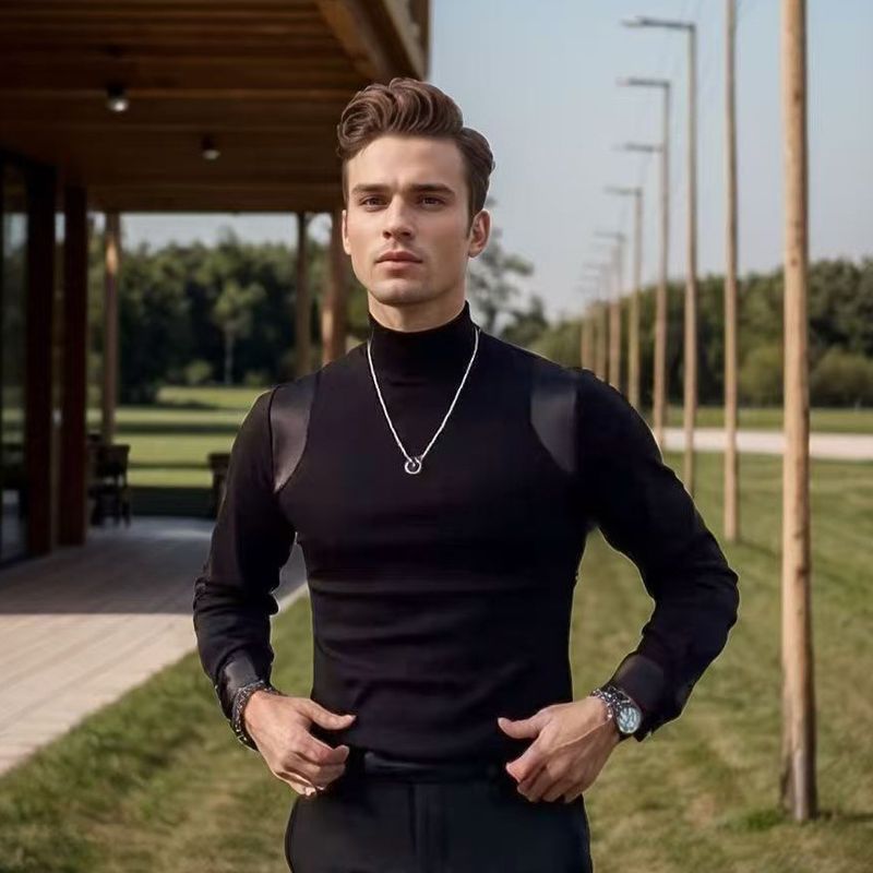 Herrenbekleidung, langärmeliges, enges Trainings-T-Shirt, vielseitiges Muskeltraining, Fitnesskleidung, Oberteil, elastischer Stehkragen, Unterhemd_voghion.com