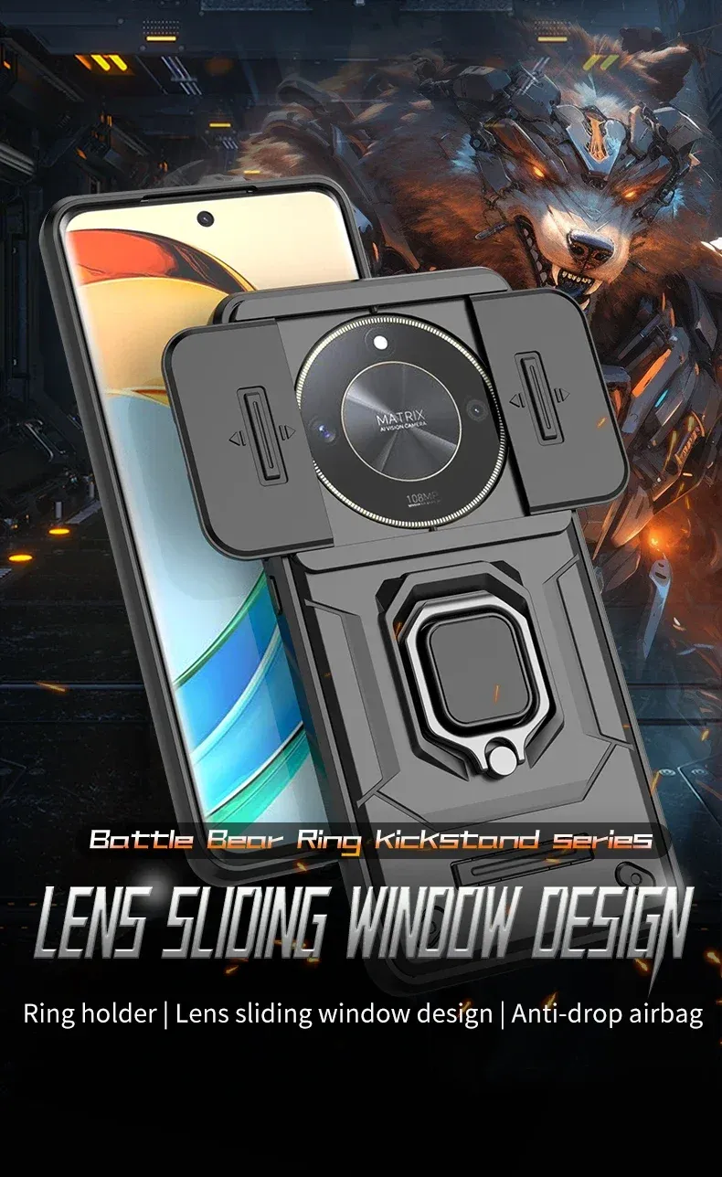 For Honor 90 X9a X9b Magic 5 6 Magic5 Magic6 Lite Armor Phone Case with Slide Camera Lens Protection Ring Holder Bracket_voghion.com