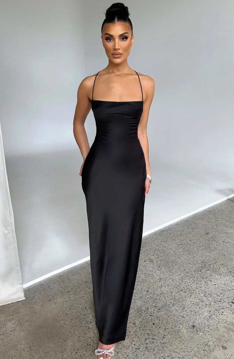 Abito in raso con spacco posteriore e dettaglio allacciato - Abito midi aderente sexy con scollo a V per donna, elegante abito da discoteca e da festa (nero/rosa/smeraldo, S/M/L)_voghion.com