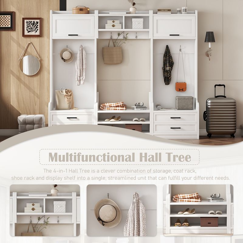4-in-1 Detachable Hall Tree With Storage And 7 Hooks, Multiple Functions Hallway Coat Rack With Storage Drawers And Cabinet, White Shoe Bench For Entryway Hallway_voghion.com
