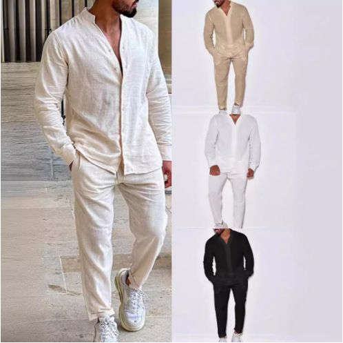 CT Men's Sports Suit Linen Autumn Casual Sleeve Fashion Workwear Long Pants Two-Piece Set_voghion.com