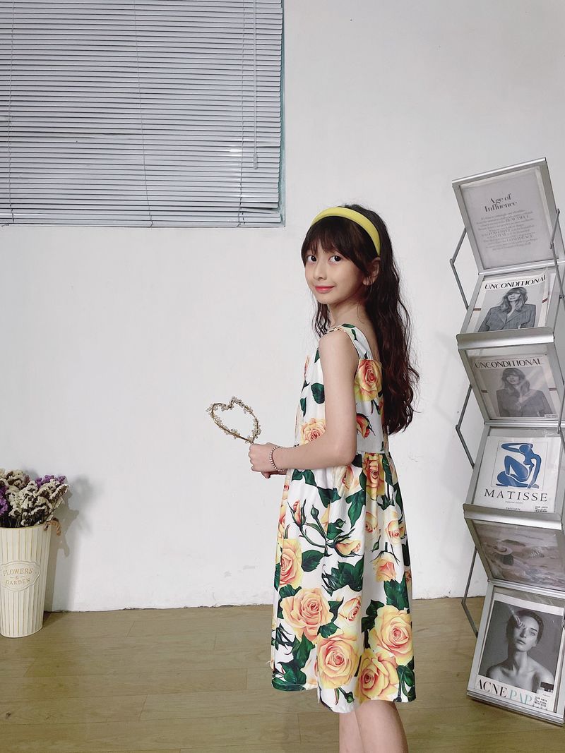 Mamma e bambini Nuovo vestito per bambini Vestito estivo per ragazze Gonna lunga a maniche corte Gonna con bretelle e stampa completa Gonna per neonati in puro cotone_voghion.com