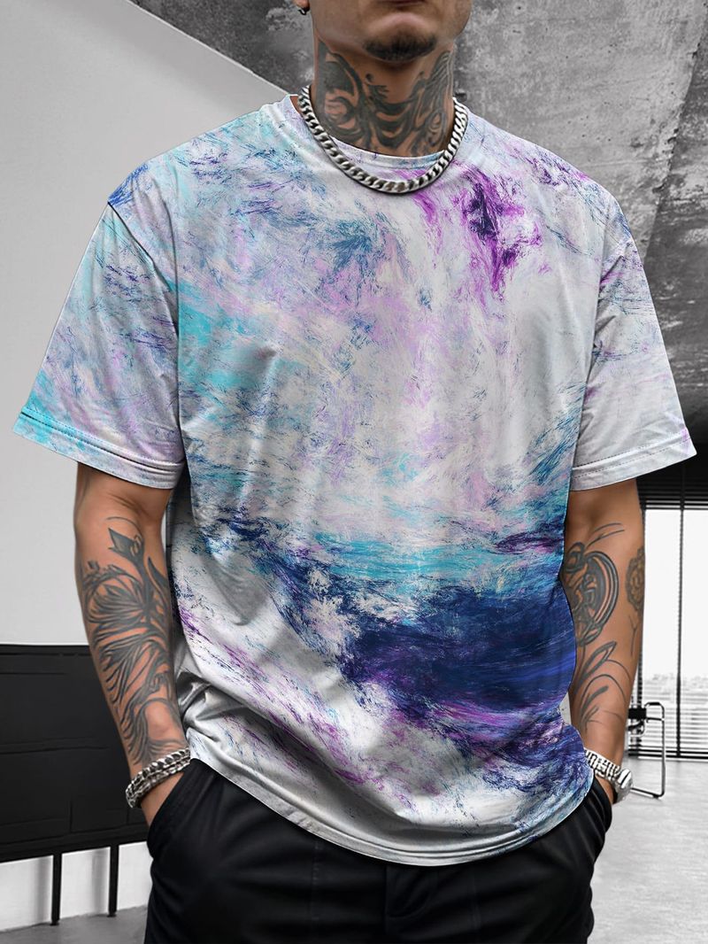 Camicia a maniche corte comoda e versatile da uomo, con stampa tie-dye, graffiti hip-hop e moda artistica estiva_voghion.com