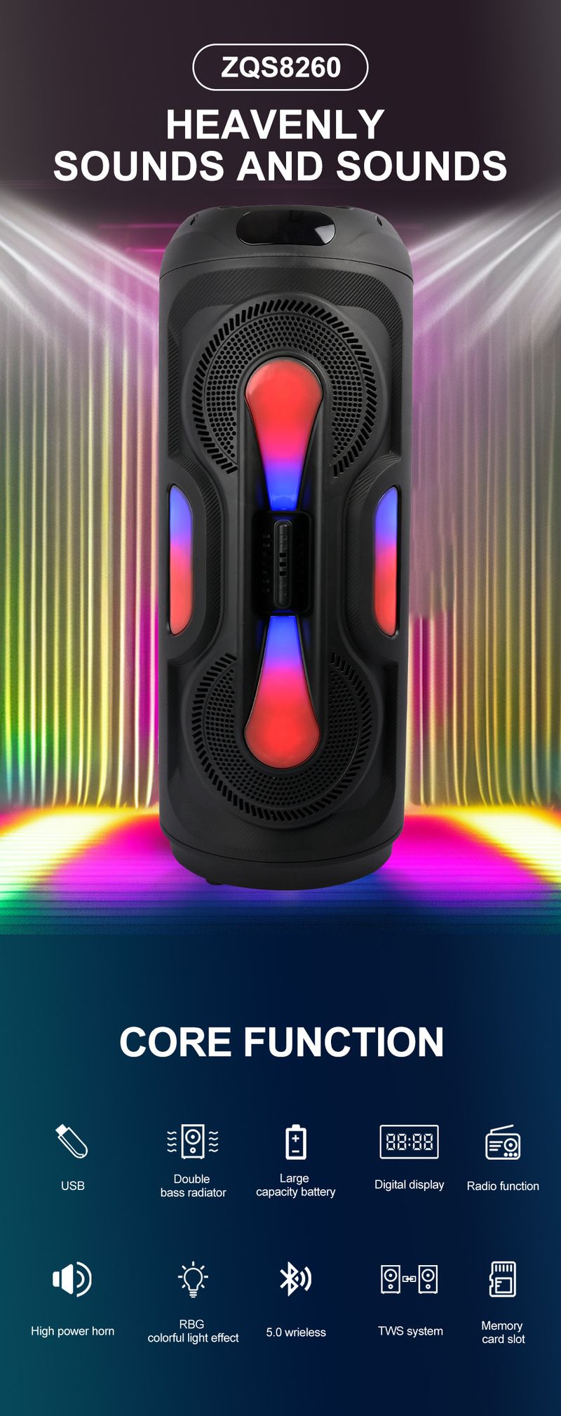 ZQS8260 Podwójny 8-calowy kolorowy magiczny mikrofon RGB Bluetooth Dźwięk Audio Wygodny zewnętrzny mikrofon karaoke Dźwięk_voghion.com