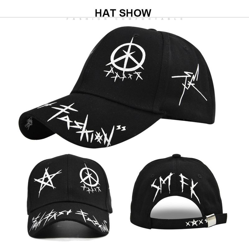 Baseballmütze für Studenten mit breiter Krempe und Graffiti-Pentagramm in Schwarz und Weiß, Schirmmütze mit runder Oberseite_voghion.com