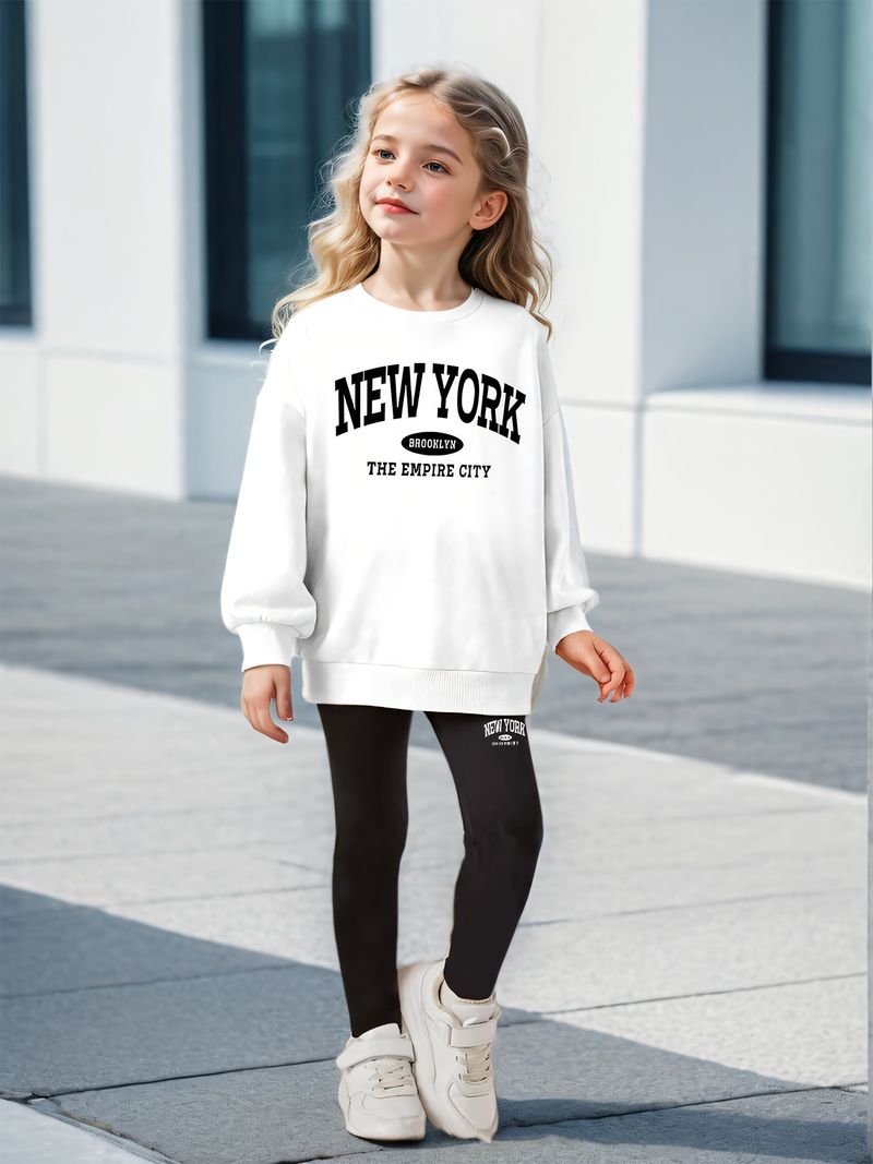 Anne & Çocuk INS Kız 2 Parça Set & Küçük Kız "NEW YORK" Baskılı Spor Sweatshirt Tayt Seti_voghion.com