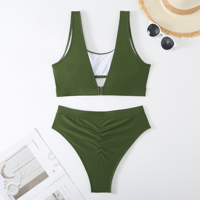 Maillot de bain deux pièces sexy taille haute couleur unie_voghion.com