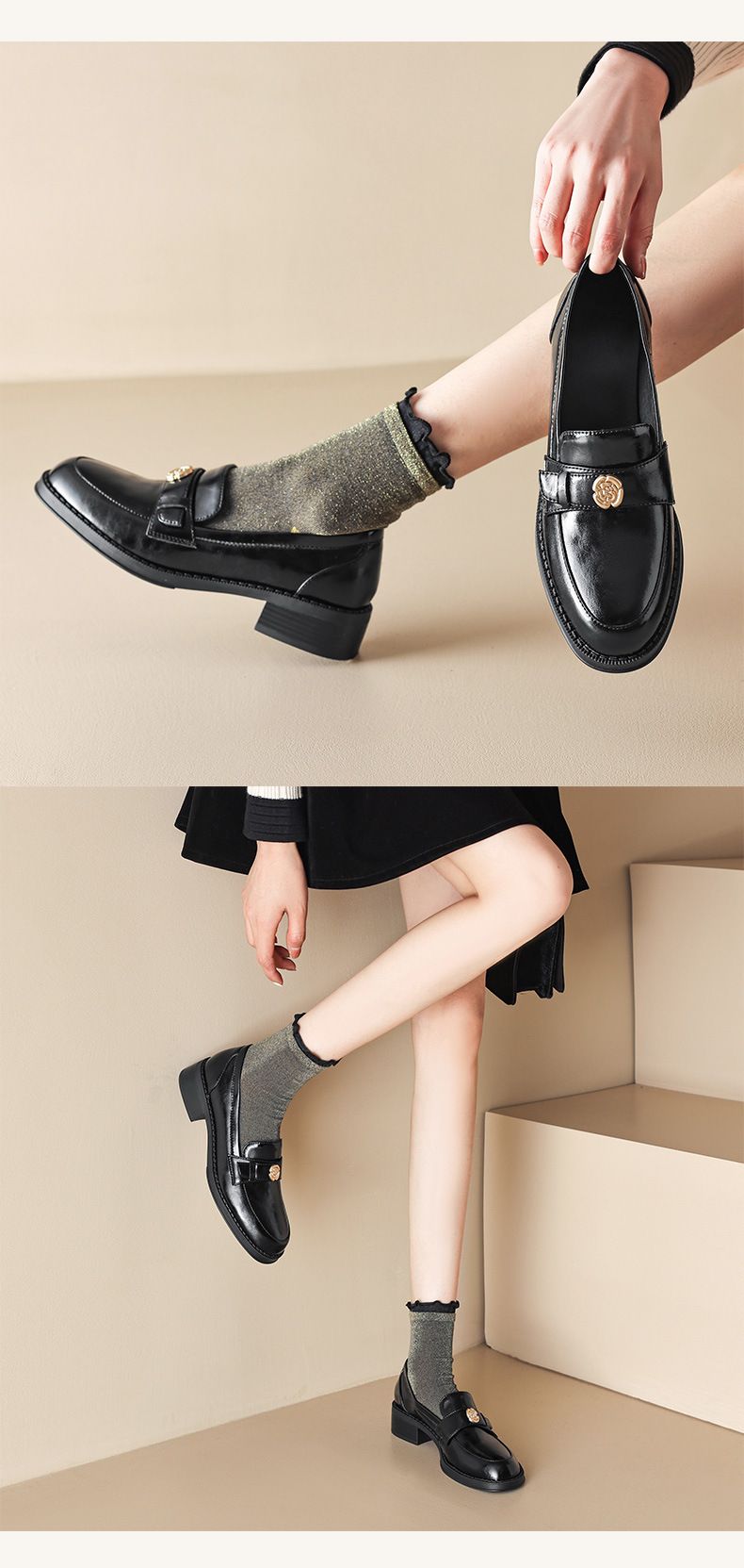 Lancui Slip-On Camellia Leather 2025 Spring Autumn New Mid-Heel Single Shoes British Style Chunky Heel Loafers For Women_voghion.com