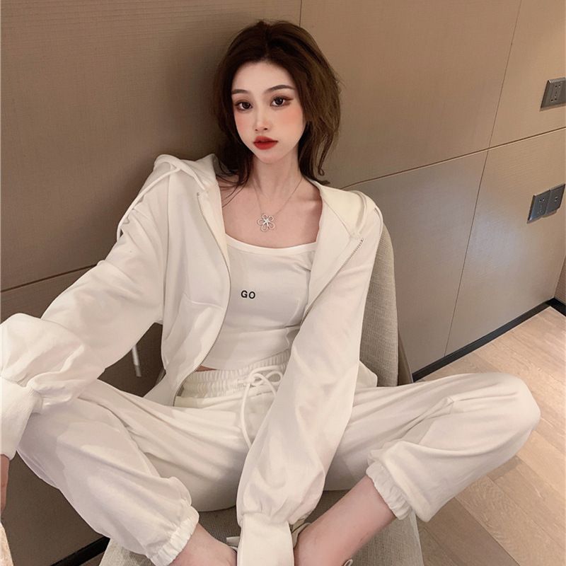 2025 Early Spring New Casual Sports Suit For Women, Long Pants With Zipper Hoodie Jacket And Camisole Three-Piece Set_voghion.com