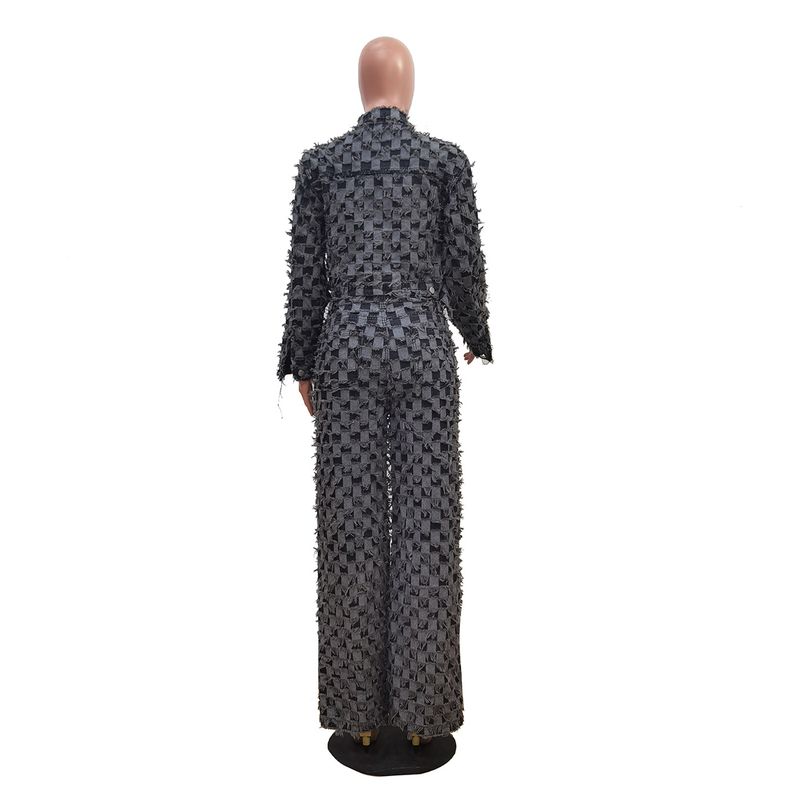 Women's Clothing Casual Jacquard Plaid Washed Denim Suit Women's Casual Jacquard Checkered Washed Denim Outfit Set Winter Wear Grey S-XXL_voghion.com