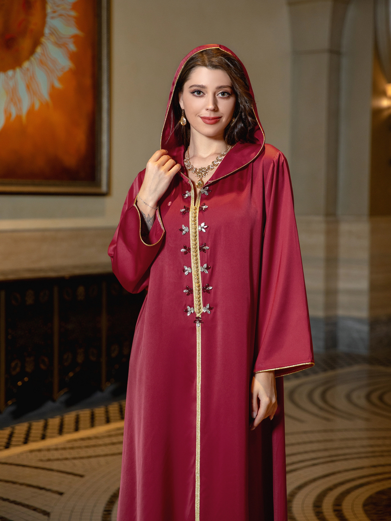 Vestido muçulmano feminino de cetim com contas abaya Dubai leve vestido de noite étnico luxuoso_voghion.com