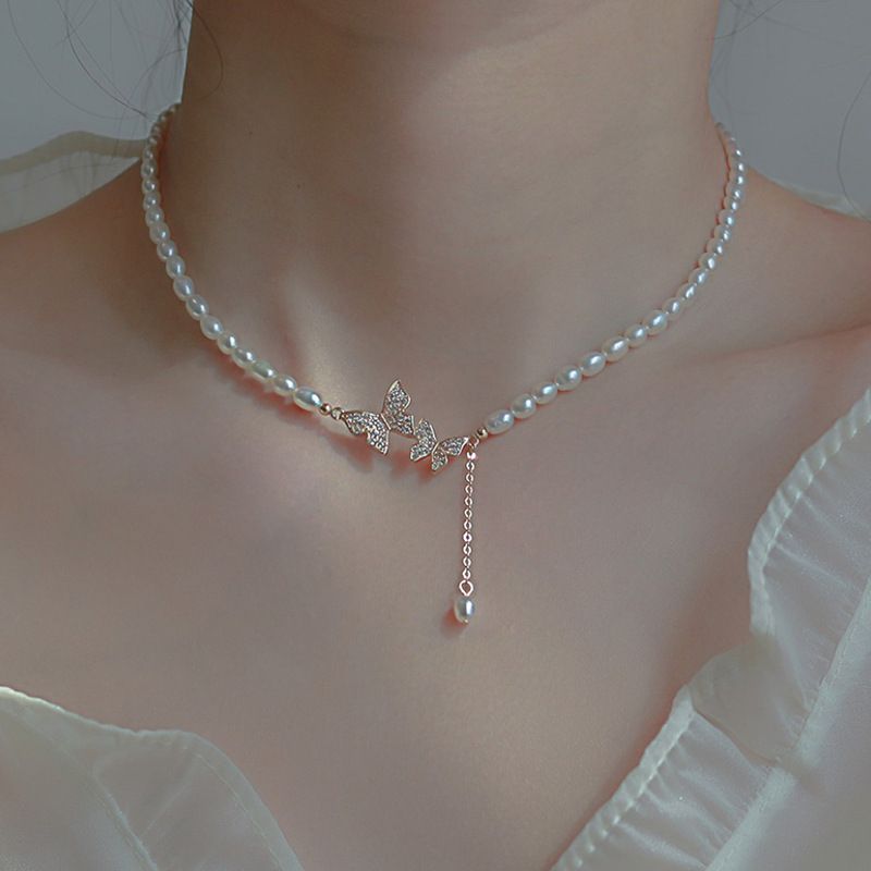 Mote perle hjerteformet halskjede, dame krystallperle sommerfuglanheng, bryllupsfest, retro koreansk smykkegave_voghion.com