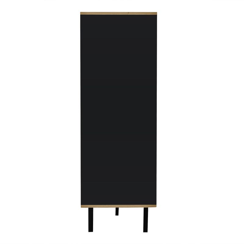 Buffet avec éclairage LED et verre, armoire en stratifié beige avec finition noire et bois, design unique à rayures noires_voghion.com