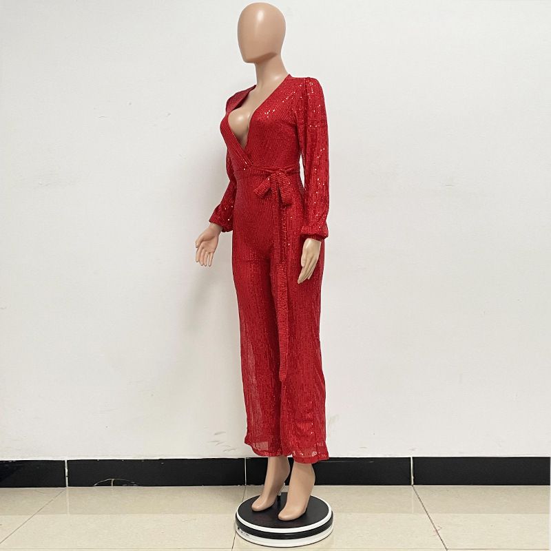 Damkläder Ins Style Deep V Mode Casual Jumpsuit Långärmat Bälte Paljett Jumpsuit Dam_voghion.com