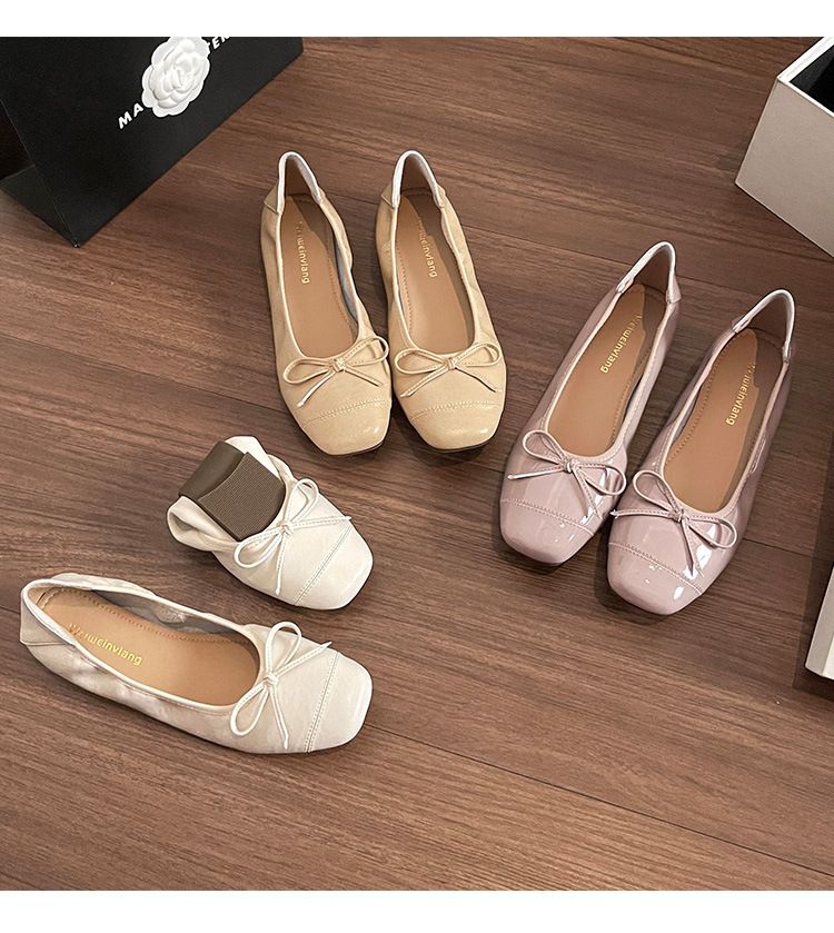 Square Head Bow Ballet Single Shoes Women's Flat-soled Laden Shoes French One-pedal Beanie Shoes_voghion.com