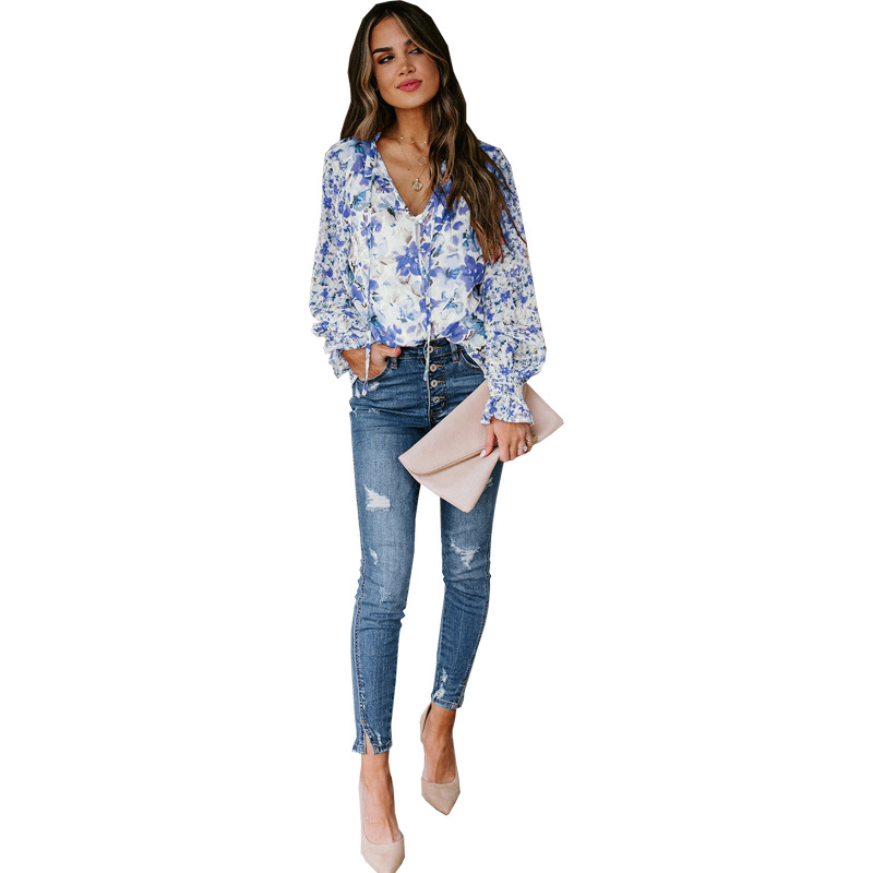 Damenbekleidung Chiffon Cardigan Frühling und Sommer Lose Blumenmuster Mode Laterne Ärmel Tops Frauen_voghion.com