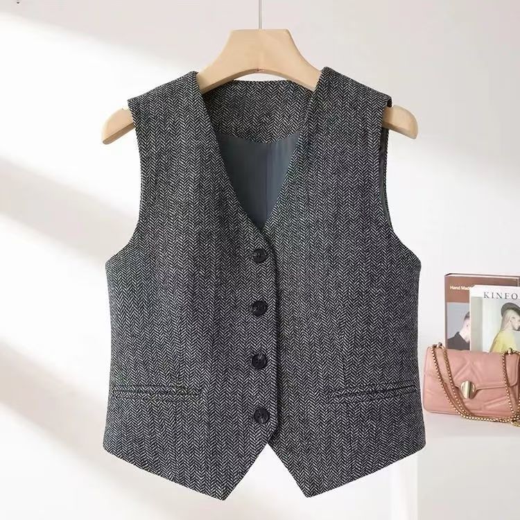 Gilet da equitazione in stile britannico per autunno inverno da donna, nuovo capospalla versatile ed elegante, in misto spina di pesce color caffè_voghion.com