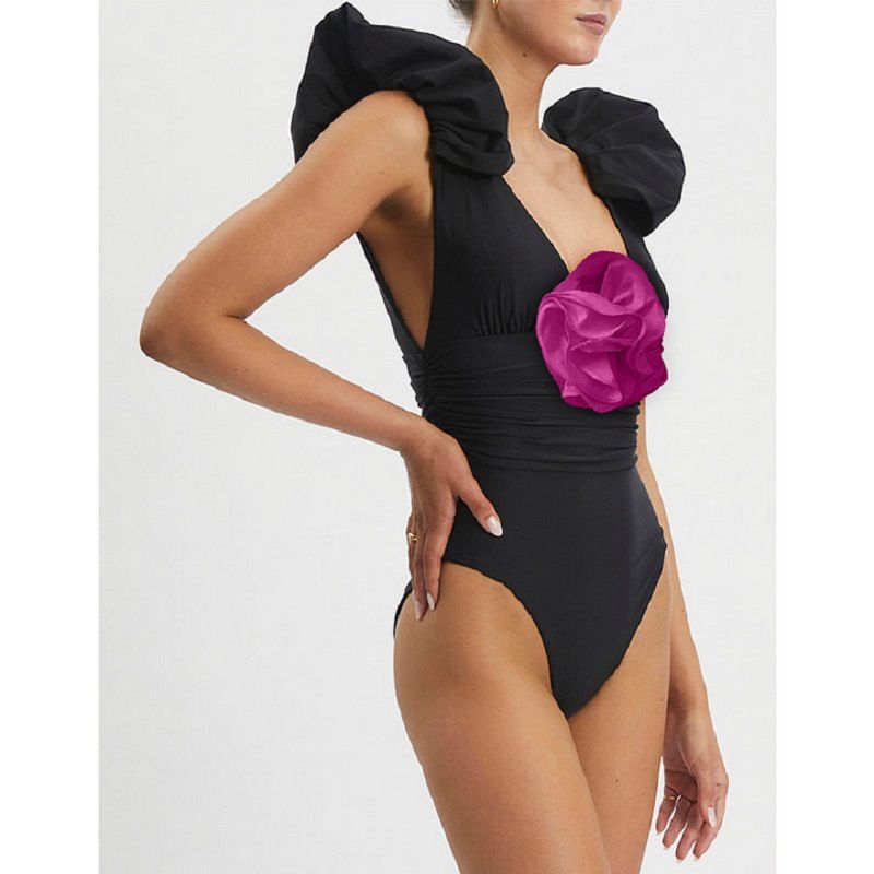 Einteiliger Badeanzug mit tiefem V-Ausschnitt und Blumenmuster für Damen_voghion.com