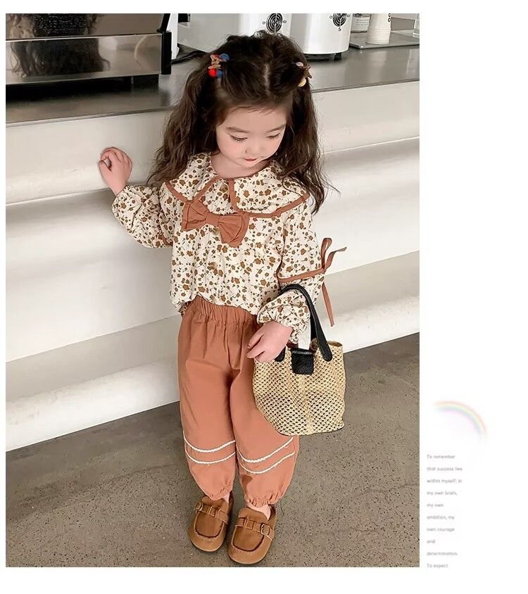 Ragazze e autunno 2023 nuova moda femminile bambino primavera collezione bambini floreale fiocco due pezzi set_voghion.com