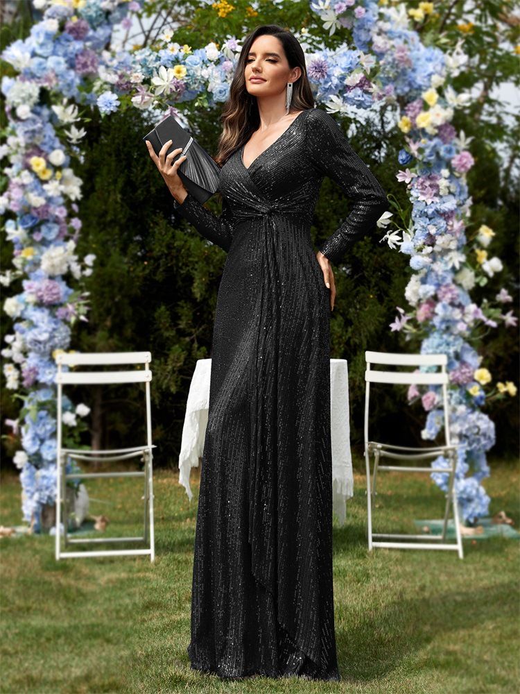 Abito da sera a sirena con scollo a V e maniche lunghe da donna_voghion.com