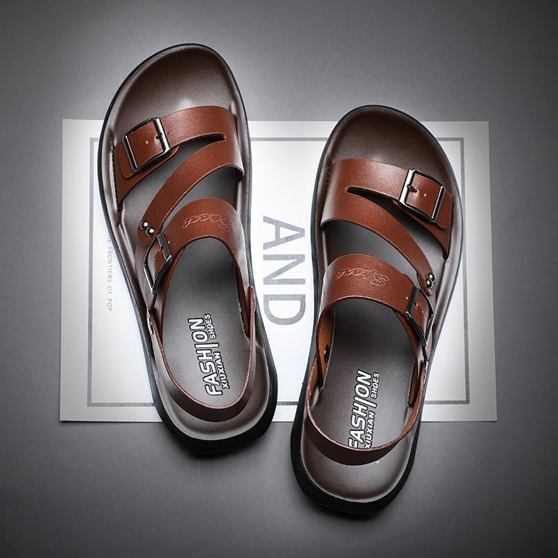 Fashion Comfortable Men's Sandals Solid Color Open Toe Mens Leather Sandals 2023 New Slippers Beach For Male Leather Footwear_voghion.com