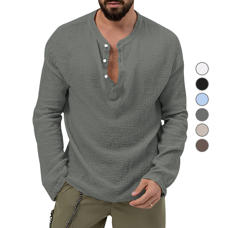 Camicia casual da uomo in tessuto a bolle, a maniche lunghe, tinta unita, con bottoni, tendenza 2023_voghion.com