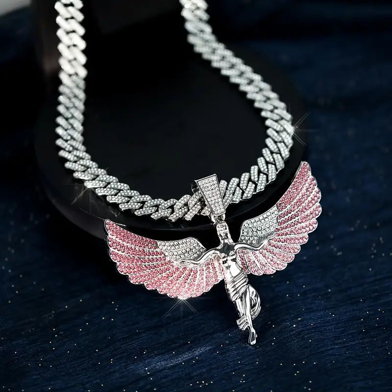 Light Luxury Full Diamond Angel Wings Zinc Alloy Large Pendant Personality Hip-Hop Style Rap Simple Unisex Necklace_voghion.com
