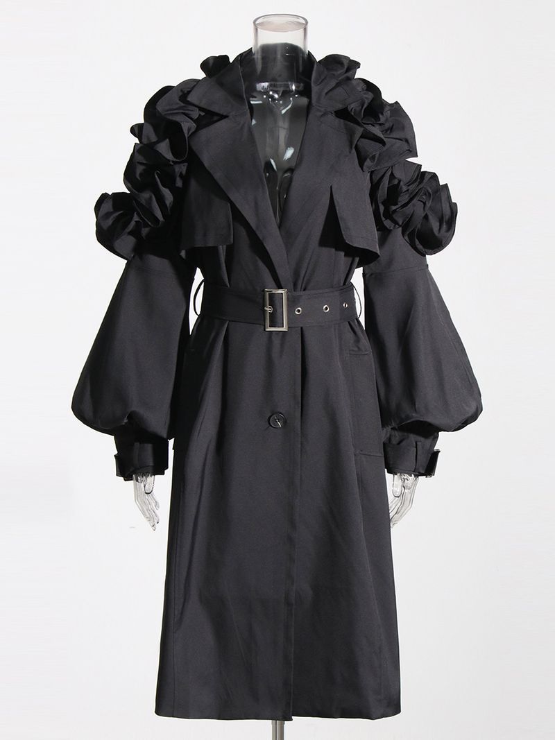 Women's Clothing Temperament commuting style mid length windbreaker lapel long sleeve ruffle stitching slim fit over the knee coat_voghion.com