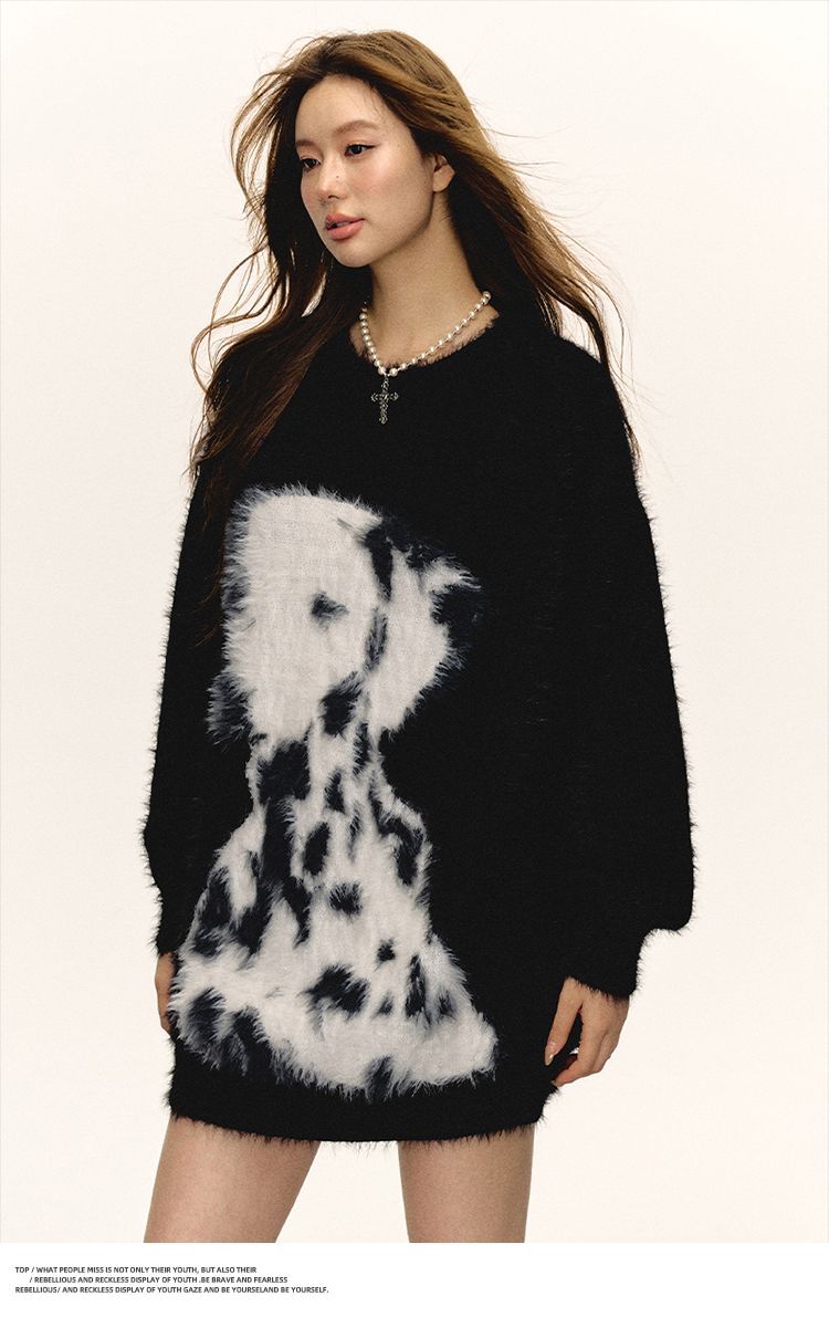 Aaisup Black Cartoon Dalmatian Dog Round Neck Sweater For Women Winter Soft Lazy Style Loose Versatile Knitted Top_voghion.com