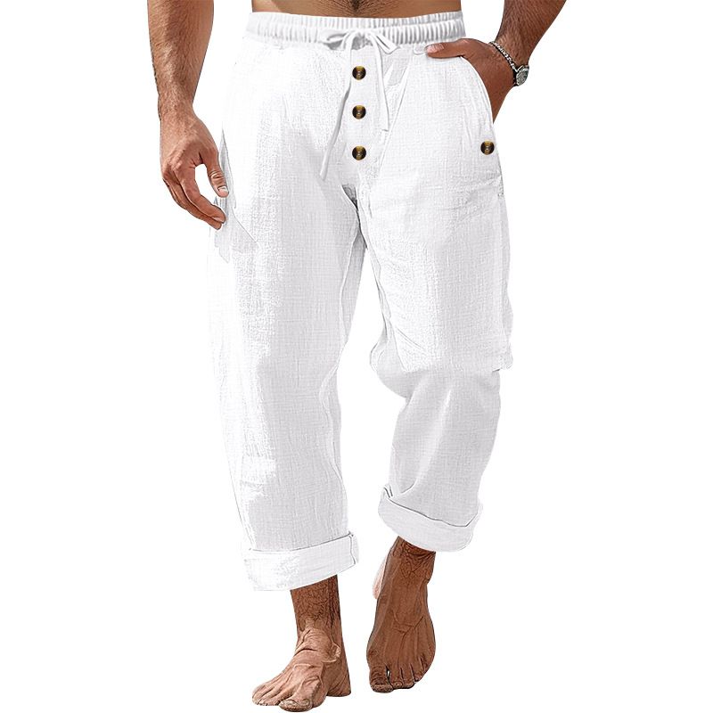 Spring And Autumn American Beach Solid Color Cotton Linen Loose Drawstring Button Casual Pants For Men_voghion.com