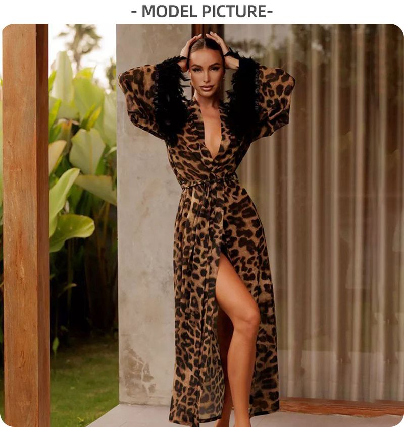 2025 New European And American Leopard Print Feather Patchwork Robe Loose Comfortable Loungewear_voghion.com