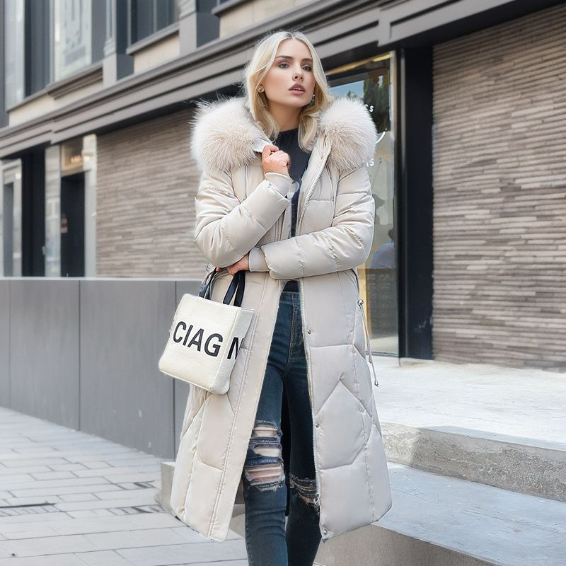 Abbigliamento da donna Giacca in cotone da donna di media lunghezza invernale nuova moda sottile sopra il ginocchio giacca in cotone grande collo in pelliccia giacca in cotone ispessito alla moda_voghion.com