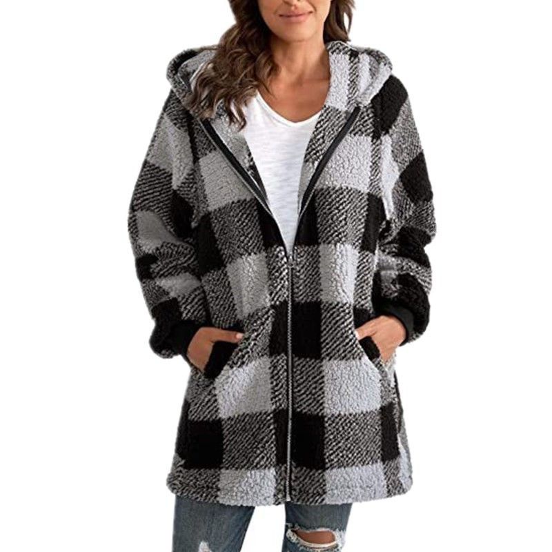 Manteau en peluche européen et américain pour femmes 2024 Nouveau manteau ample à manches longues à capuche avec fermeture éclair et poche_voghion.com