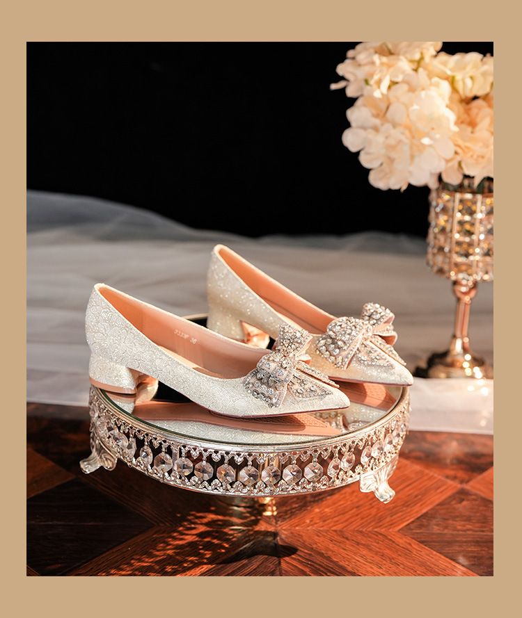 3333F-016 Low Heel Satin Pointed Toe Bowknot Women's Festive Wedding Banquet Comfortable Bridesmaid Shoes_voghion.com