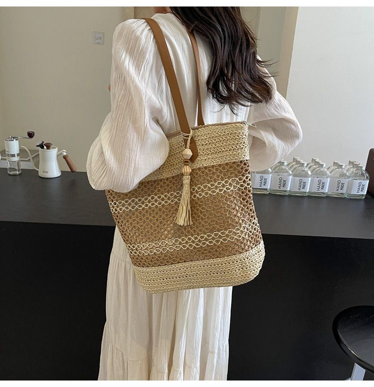 Borsa di paglia Borsa intrecciata Borsa da spiaggia Borsa di paglia per le vacanze Borsa intrecciata cava da donna Borsa a tracolla di grande capacità alla moda per pendolari_voghion.com