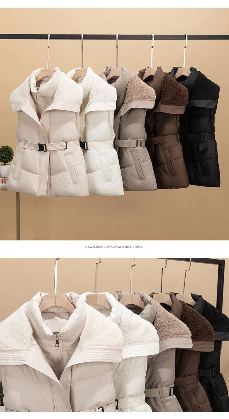 Women's Quilted Puffer Vest With Faux Shearling Collar, Slim Fit Waist-Cinching Jacket For Winter, Lightweight Warm Coat_voghion.com