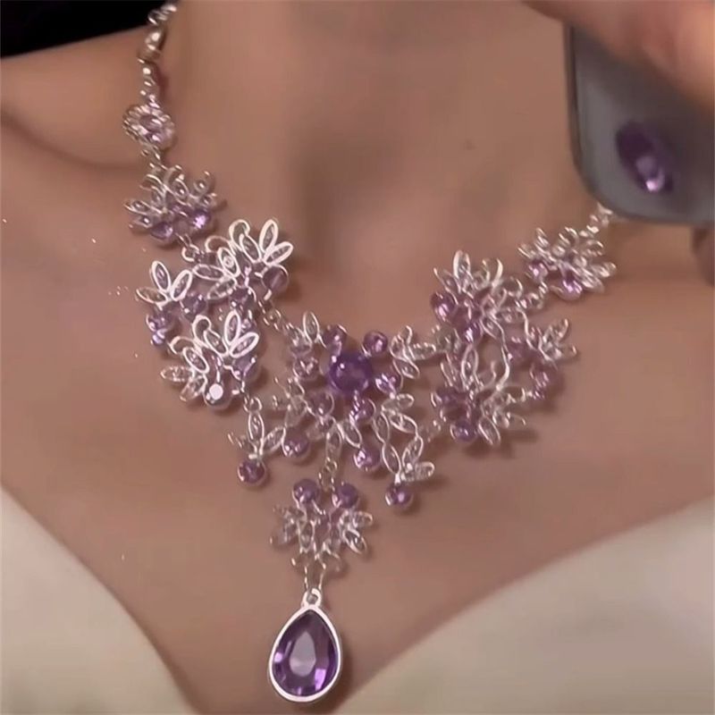 【 Collected By 1048 People 】 Purple Zircon Flower Necklace Earring Set For Women's Niche Design, High-end_voghion.com