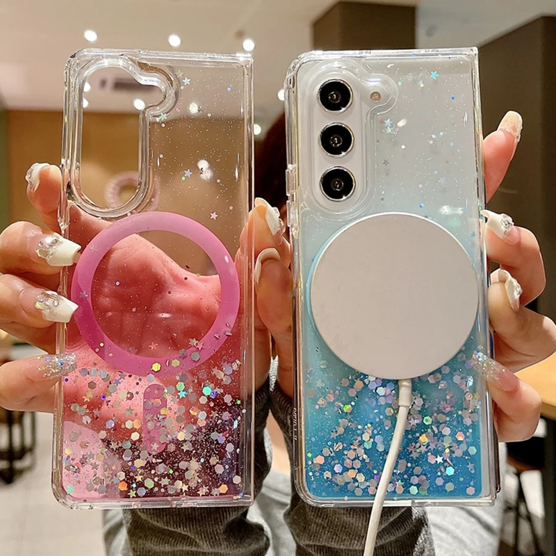 Magnetic Glitter Clear Case for Samsung Galaxy Z Flip 5 3 Flip5 Fold 4 Zflip3 Gradient Wireless Charger Soft Cover_voghion.com