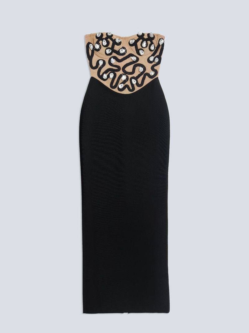 Elegante abito da sera con fasciatura in strass per donna - Abito aderente elasticizzato per feste e occasioni speciali_voghion.com