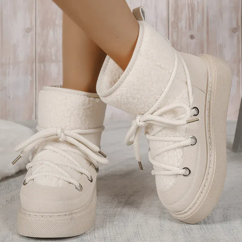 Scarpe da sci invernali da donna in pelle scamosciata con lacci, calde e imbottite, per il tempo libero, in lana sintetica, con plateau, 2024_voghion.com