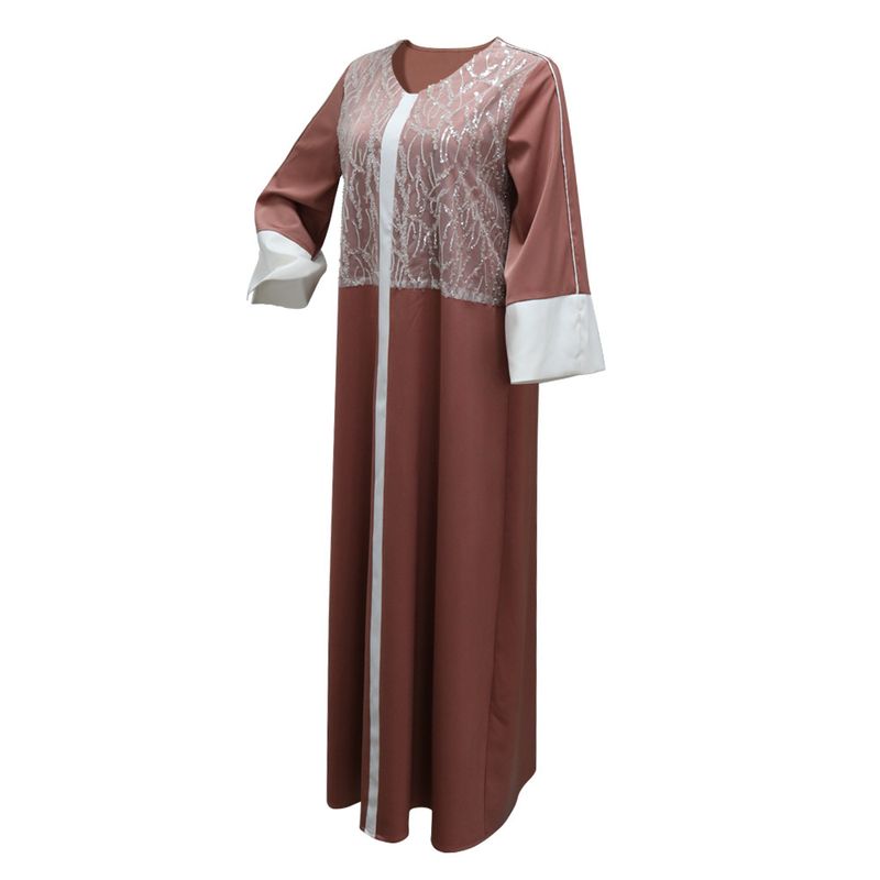 Roupas femininas Vestido muçulmano cetim contraste cor costura lantejoulas saia longa não inclui lenço na cabeça_voghion.com