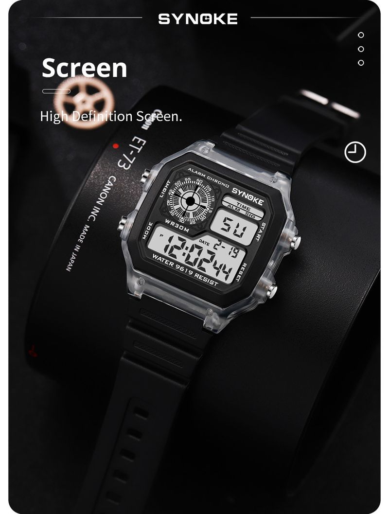 Orologio elettronico per studenti SYNOKE luminoso impermeabile sportivo da uomo quadrato classico retrò alla moda sportivo nuovo prodotto colore trasparente_voghion.com