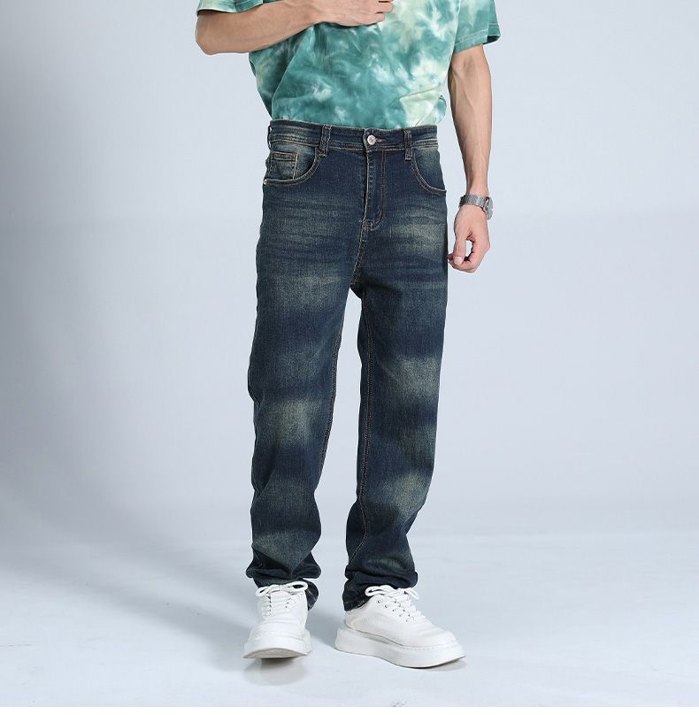 Trendy American Heavy Industry Washed und Used Jeans für Herren, locker und elastisch, Horse Willow Straight Leg Pants, Street Commuter Jeans_voghion.com