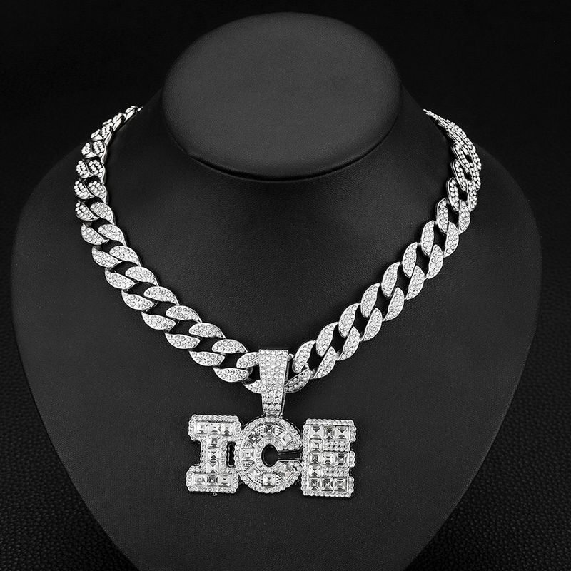 Glass diamond letter ICE pendant niche personality cool men's versatile jewelry watch buckle necklace_voghion.com