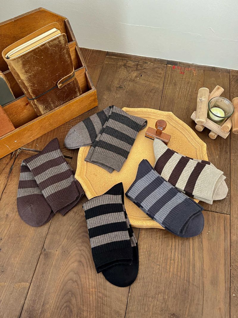 Crew Socks Men's Striped Cashmere Socks For Autumn And Winter, Versatile And Casual, Soft And Sticky Socks, Fashionable Coffee Colored Pile Socks_voghion.com