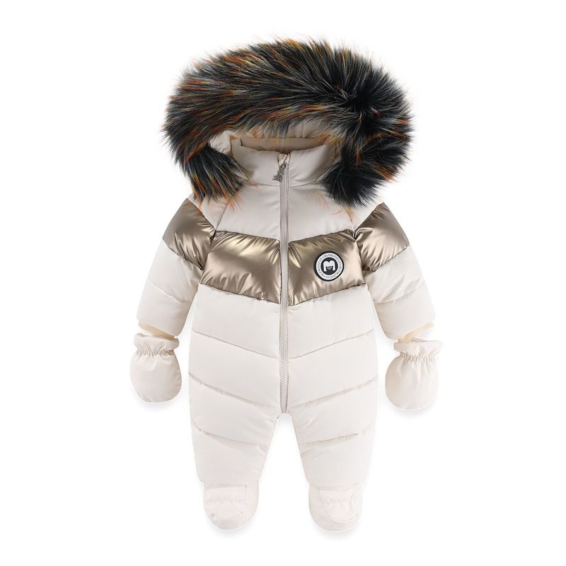 Warm Winter Baby Romper With Fur Hood & Mittens - Soft Fleece-Lined Jumpsuit For Toddlers (1-3 Years, 80-100cm) - Windproof Polyester - Snowsuit _voghion.com