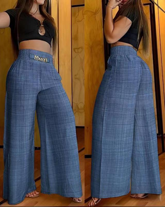 Îmbrăcăminte pentru femei, pantaloni cu talie înaltă, cu picior larg, de culoare solidă, pantaloni cu fund de clopot metalic, lejeri și slăbiți_voghion.com