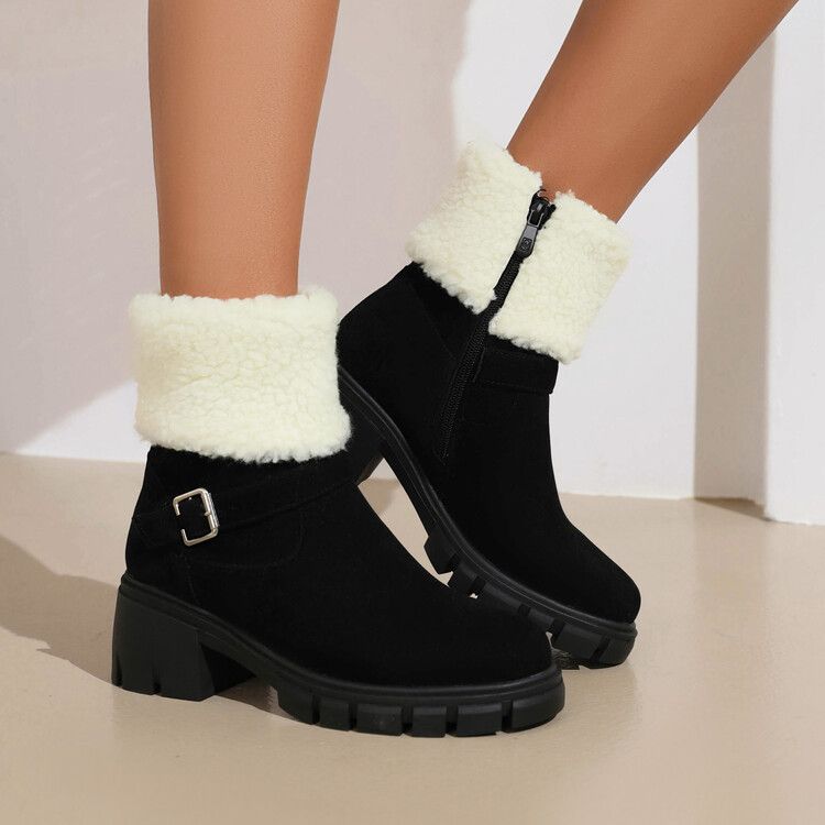 Women's winter round toe high heel boots with belt buckle large size short boots_voghion.com