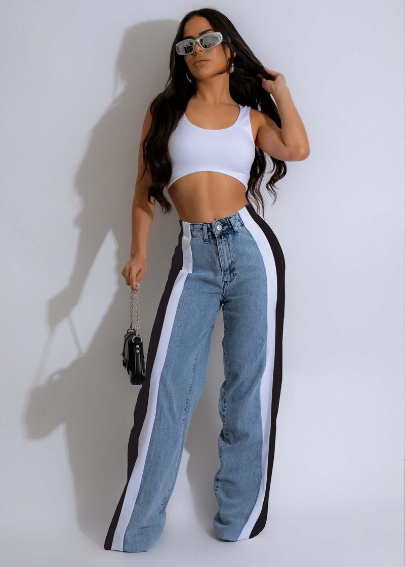 Women's Clothing Street Fashion Splicing Leopard Print Straight Washed Denim Trousers_voghion.com