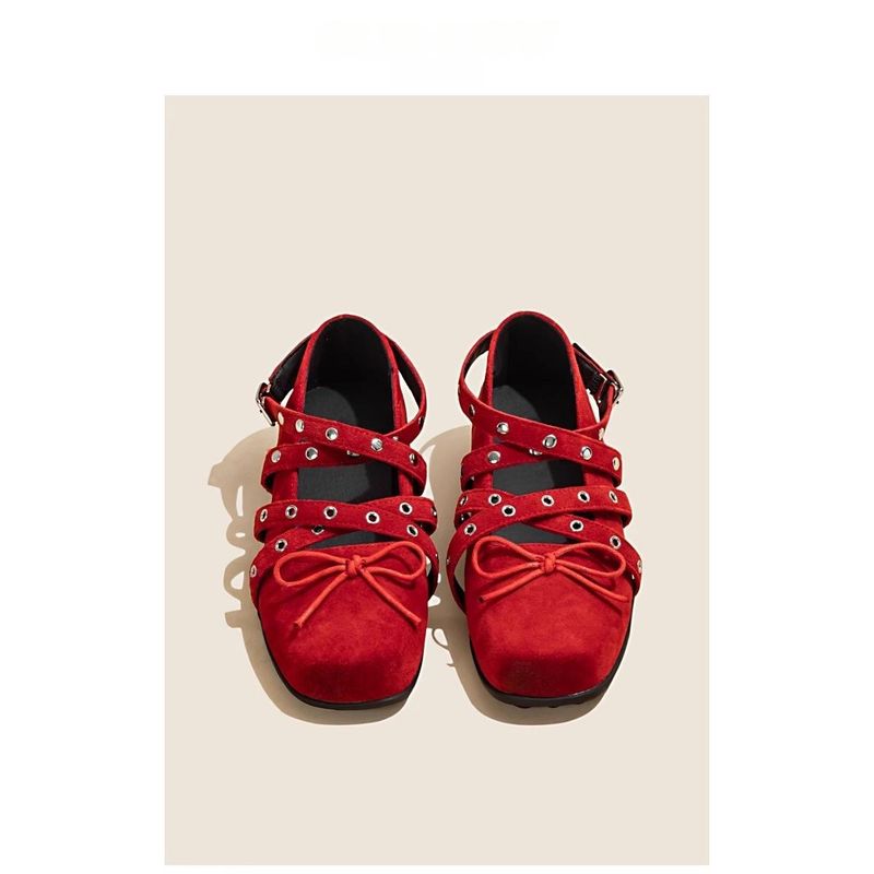 Red Cross Strap Bow Single Shoes 2025 Spring New Shallow Rivet Ballet Flats Versatile Daily Casual Shoes_voghion.com